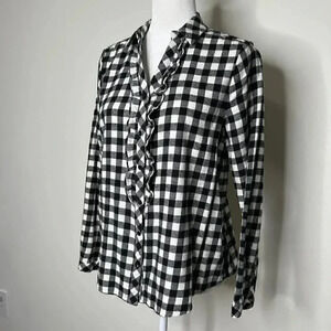 MELLO DAY Black & White Buffalo Check Flannel Ruffle Button Down - Holiday Plaid
